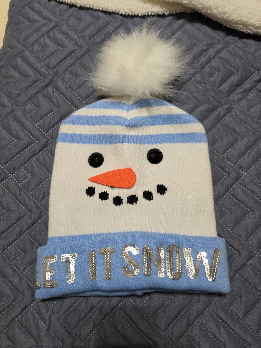 Blue & White Snowman Pom Pom Beanie Hat